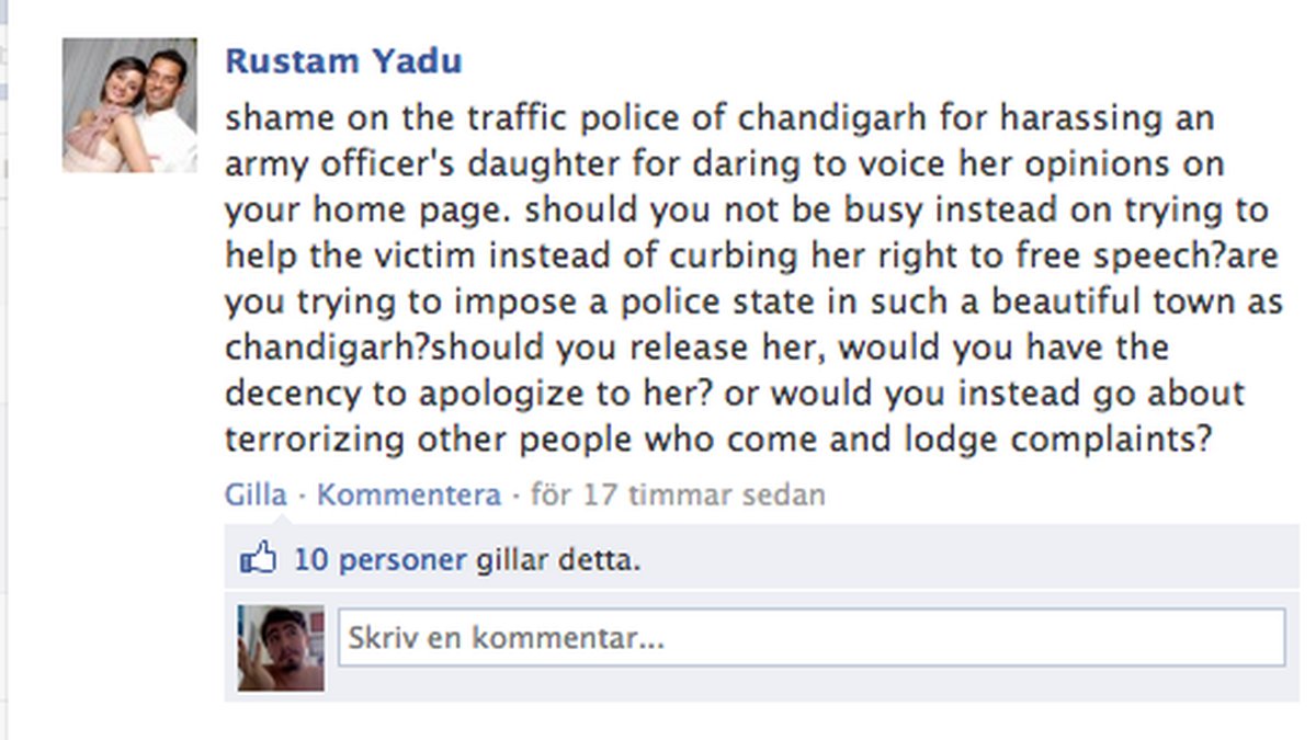 Kommentar till stöd för Heena på polisens Facebook-sida